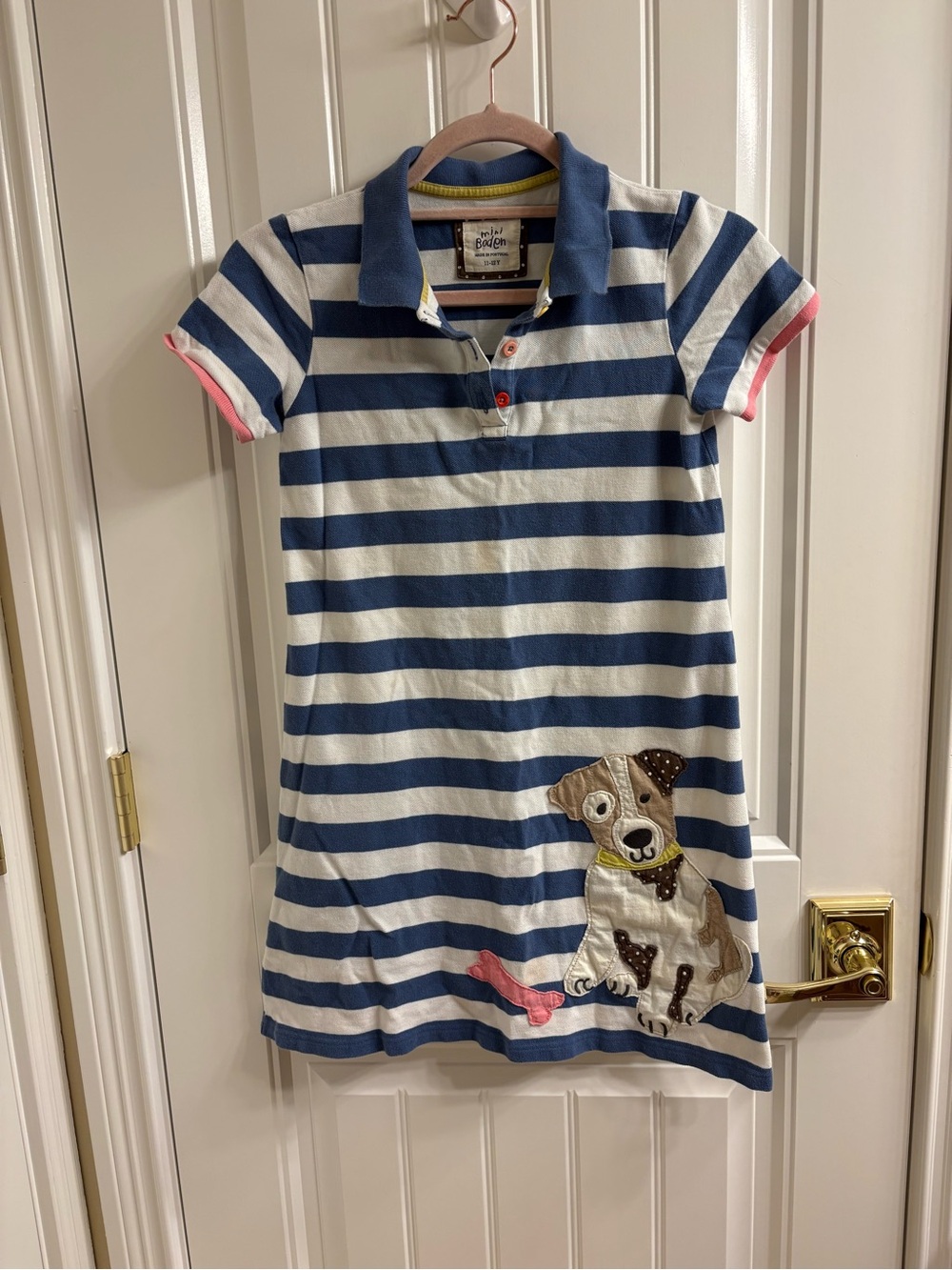 Mini Boden Blue White Striped Dog Applique SS Polo Dress Size 11-12Y PLAY SPOTS